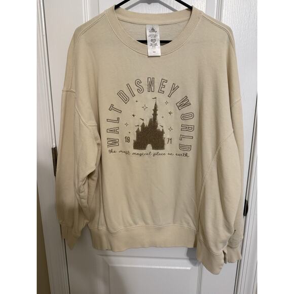 Walt Disney World Beige Sweater Castle Embroidered Happiest Place On Earth , L - Picture 1 of 11